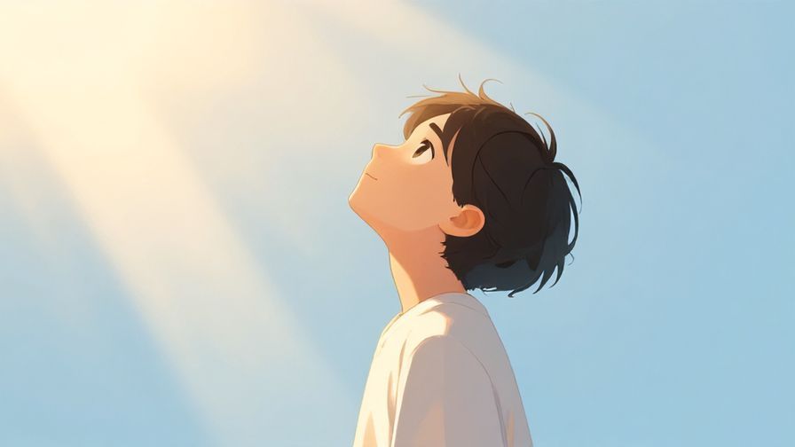Illustration%20of%20a hopeful person looking up at the sky with gentle rays of sunlight, peaceful and reflective mood