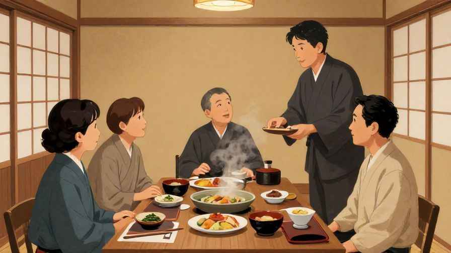 Illustration%20of%20a host politely encouraging guests to start eating%2C warm and respectful atmosphere%2C traditional Japanese dining room%2C illustrated style