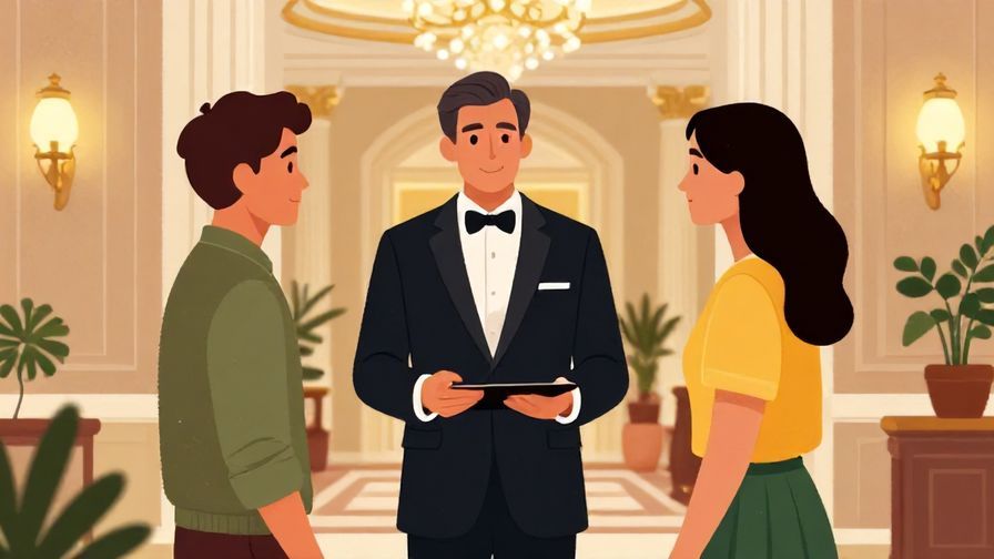 Illustration%20of%20a hotel concierge asking a guest politely if they are ready to leave%2C%20luxurious%20interior%20background%2C%20vibrant%20colors%2C%20illustrated%20style