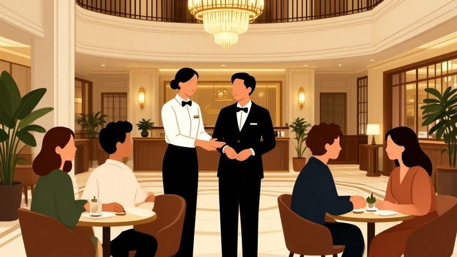 Illustration%20of%20a hotel lobby with polite staff greeting guests quietly, elegant decor, warm lighting, detailed background, illustrated style
