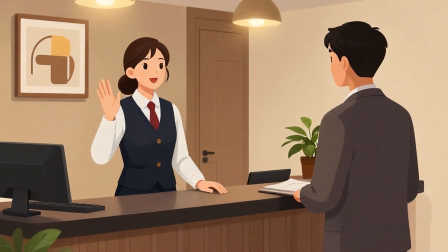 Illustration%20of%20a hotel receptionist politely waving good night to a guest leaving for their room%2C%20gentle%20lighting%2C%20warm%20and%20professional%20environment%2C%20illustrated%20style