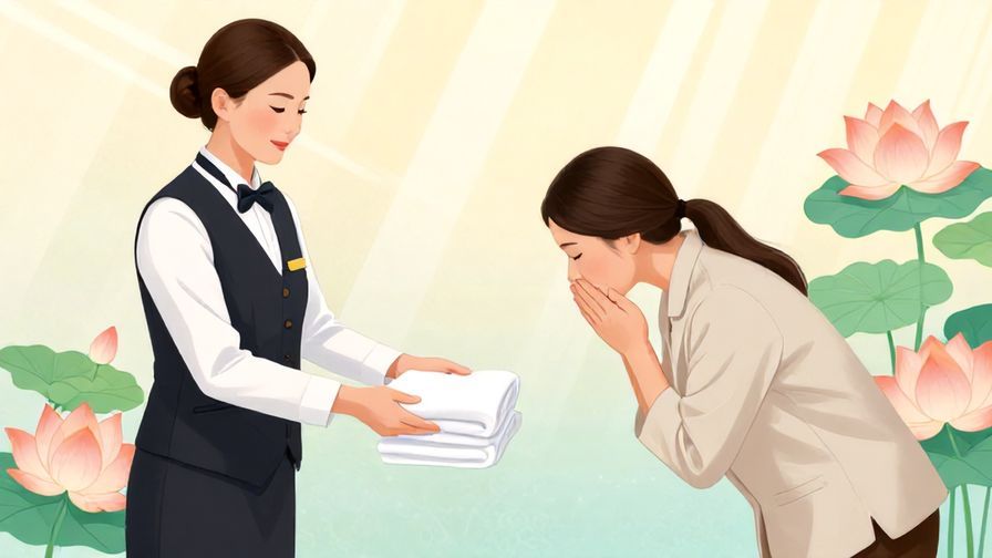 Illustration%20of%20a hotel staff politely handing over a towel to a guest with a respectful bow, detailed background with lotus flowers and light rays, illustrated style