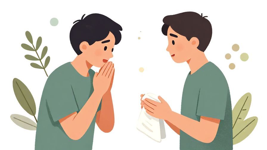 Illustration%20of%20a humble person apologizing softly while requesting a towel, with soft dots and olive branches in the background, illustrated style