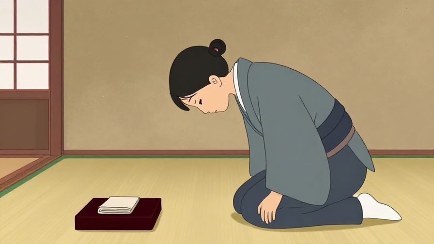 Illustration%20of%20a humble person bowing deeply in a traditional Japanese room, soft lighting, warm colors, illustrated style