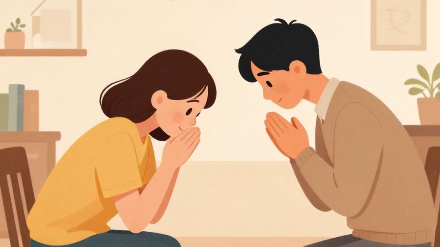 Illustration%20of%20a humble person bowing slightly%2C politely apologizing before asking%20for%20slow%20speech%2C warm indoor setting%2C illustrated style