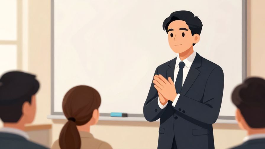Illustration%20of%20a humble speaker with hands clasped politely, giving an example during a formal event, refined atmosphere, illustrated style
