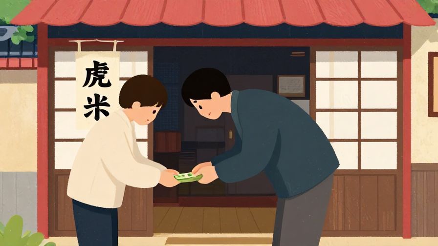 Illustration%20of%20a humble%20person%20bowing%20slightly%20while%20offering%20cash%20in%20a%20traditional%20Japanese%20shop%2C%20vibrant%20colors%2C%20illustrated%20style