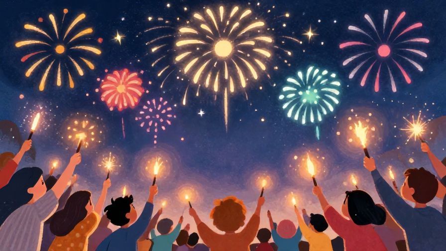 Illustration%20of%20a joyful crowd watching fireworks at midnight, colorful explosions lighting the sky, illustrated style