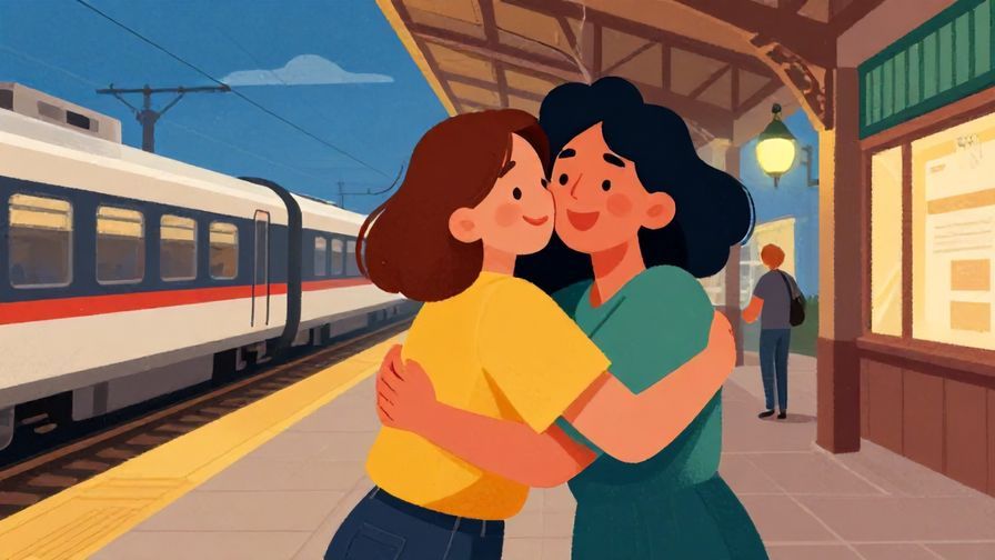 Illustration%20of%20a joyful hug between two friends at a train station, evening lighting, vibrant colors, illustrated style