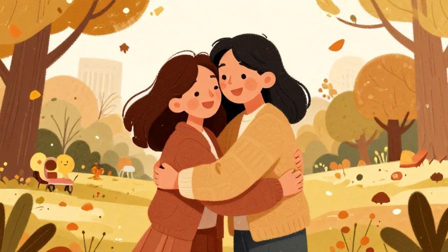 Illustration%20of%20a joyful hug between two friends in a cozy autumn park, warm tones, illustrated style