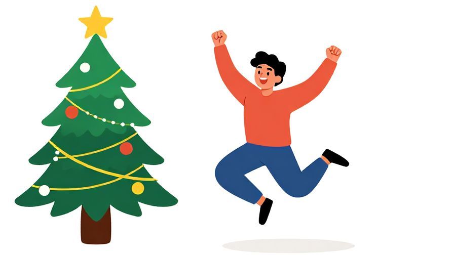 Illustration%20of%20a joyful person jumping with excitement in front of a decorated Christmas tree, bright and energetic colors, illustrated style
