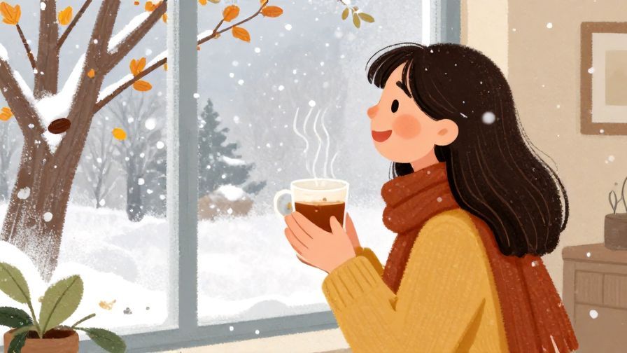 Illustration%20of%20a joyful person looking out a frosted window at falling snow, holding a cup of warm drink, elegant and cozy colors, illustrated style