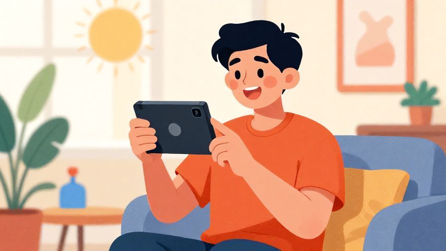 Illustration%20of%20a joyful young person holding a favorite gadget excitedly, bright and colorful room, illustrated style