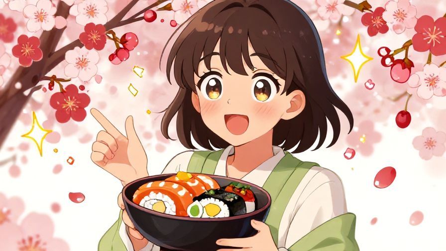 Illustration%20of%20a joyful young woman with sparkling eyes, holding a bowl of sushi, surrounded by vibrant cherry blossoms and animated sparkles.