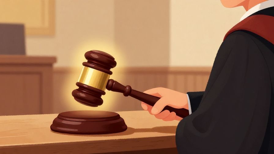 Illustration%20of%20a judge’s gavel striking with a glow, courtroom setting, dignified atmosphere, warm colors, illustrated style