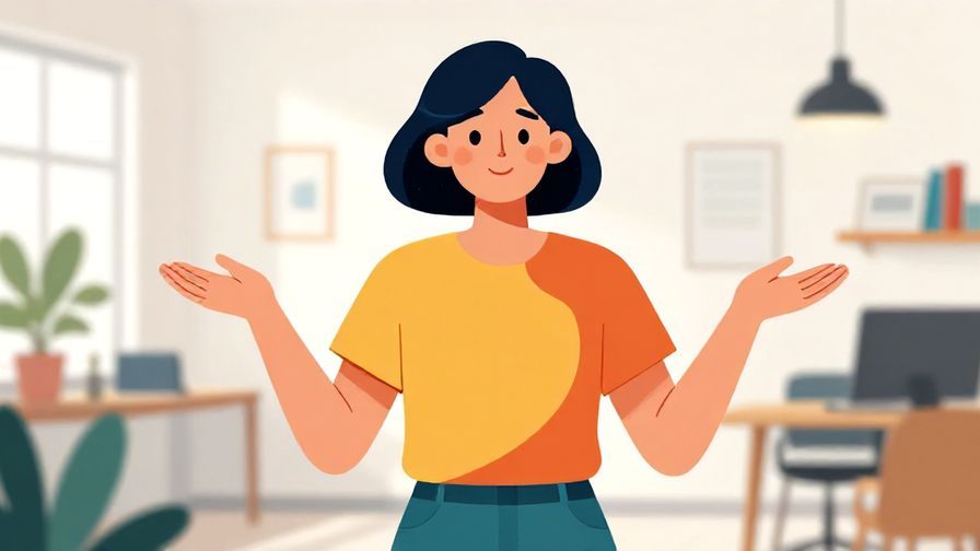 Illustration%20of%20a kind person gesturing calmly with open hands, bright office space in background, vibrant colors, illustrated style