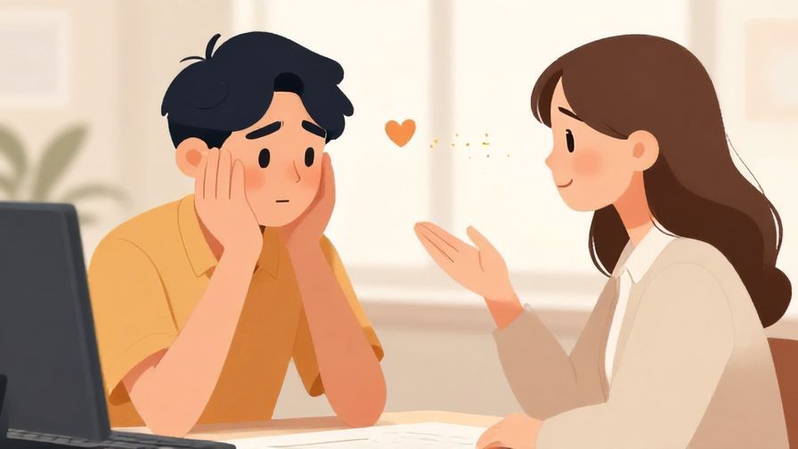 Illustration%20of%20a kind person politely asking if someone is troubled, soft office background, warm colors