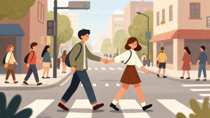 Illustration%20of%20a kind person%20helping%20another%20cross%20a%20busy%20street%2C%20soft%20lighting%2C%20warm%20colors%2C%20illustrated%20style