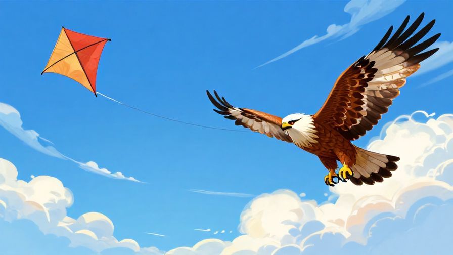 Illustration%20of%20a kite bird flying next to a stronger hawk, both soaring in a blue sky with clouds, vibrant colors, illustrated style