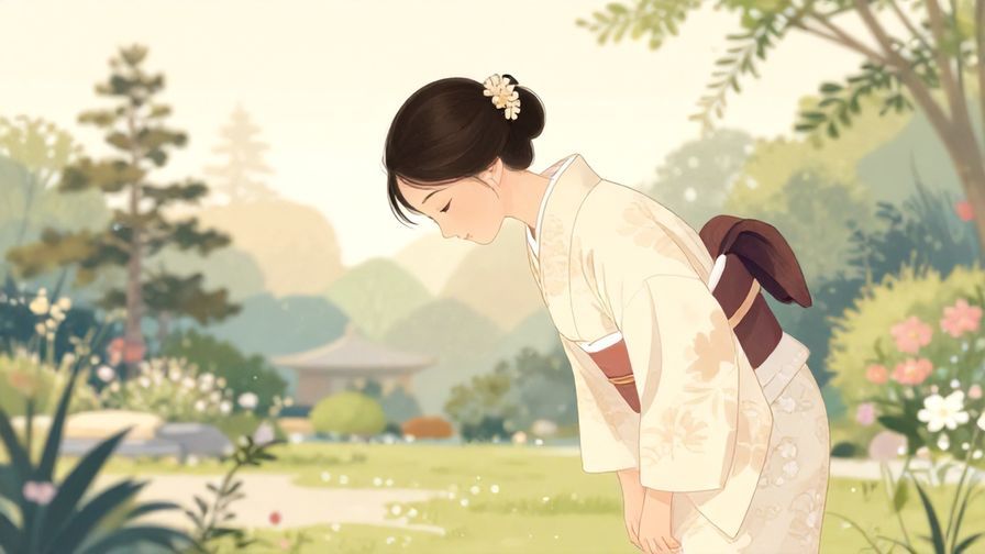 Illustration%20of%20a lady in traditional kimono politely bowing with a serene garden in the background at dawn.%20Soft%20and%20elegant%20colors%2C%20illustrated%20style