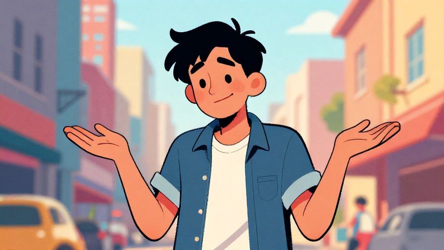 Illustration%20of%20a laid-back character shrugging with a tired smile%2C casual urban background%2C vibrant colors%2C illustrated style