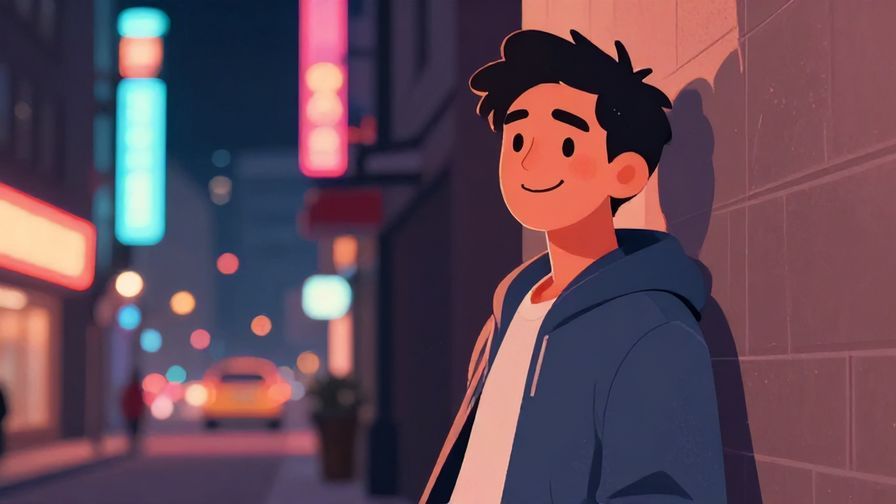 Illustration%20of%20a laid-back male character leaning against a wall with a smirk, urban night scene, neon lights, illustrated style