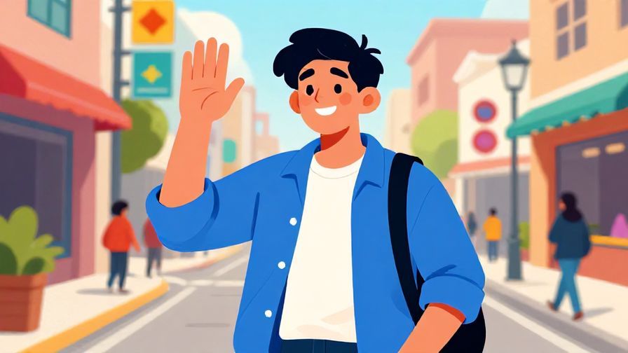 Illustration%20of%20a laid-back person giving a casual wave with a grin in a street scene, vibrant colors, illustrated style