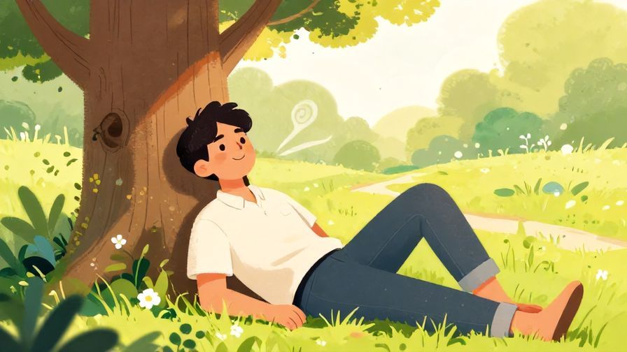 Illustration%20of%20a laid-back person lounging under a tree with a relaxed smile, soft breeze and warm sunlight, casual and carefree atmosphere, detailed background, vibrant colors, illustrated style