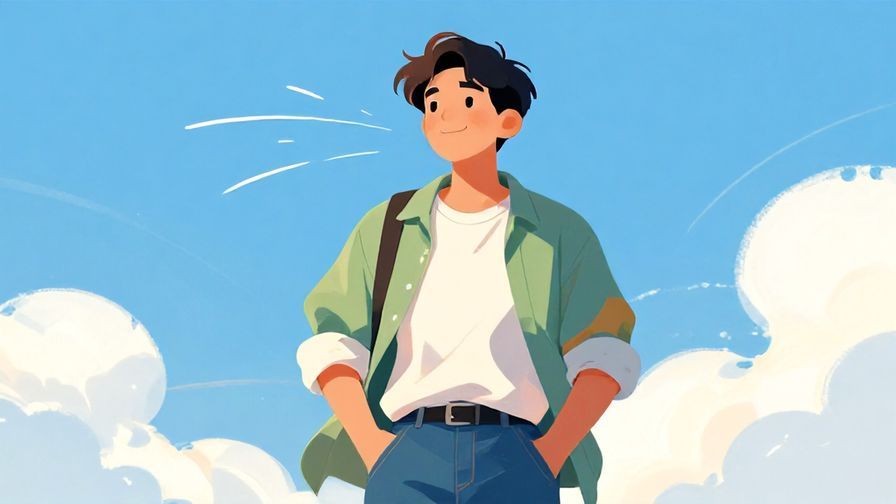 Illustration%20of%20a laid-back person smiling with hands in pockets, gentle breeze and sunny sky, casual clothes, vibrant colors, illustrated style