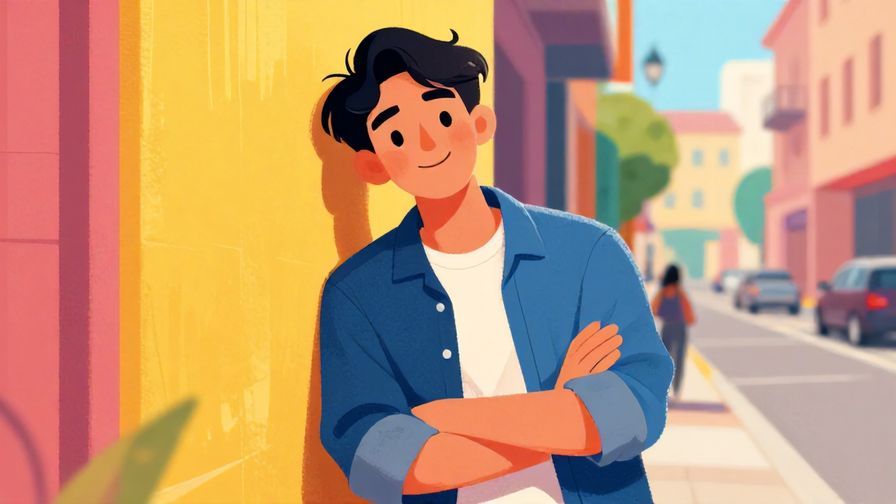 Illustration%20of%20a laid-back young person leaning against a wall, smiling confidently, urban street background, vibrant colors, illustrated style