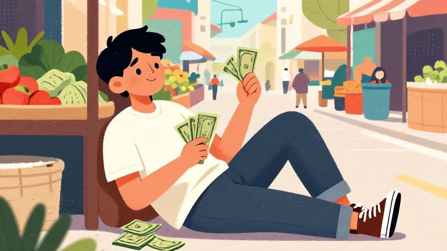 Illustration%20of%20a laid-back%20person%20holding%20cash%20in%20a%20street%20market%20with%20a%20smirk%2C%20vibrant%20colors%2C%20illustrated%20style