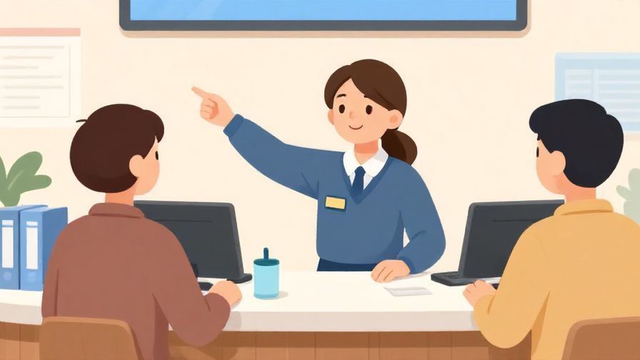 Illustration%20of%20a line at a ticket counter, a clerk pointing ahead politely, with calm and orderly atmosphere