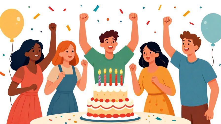Illustration%20of%20a lively birthday party with colorful confetti, a group of friends cheering, and a big birthday cake, vibrant colors, illustrated style