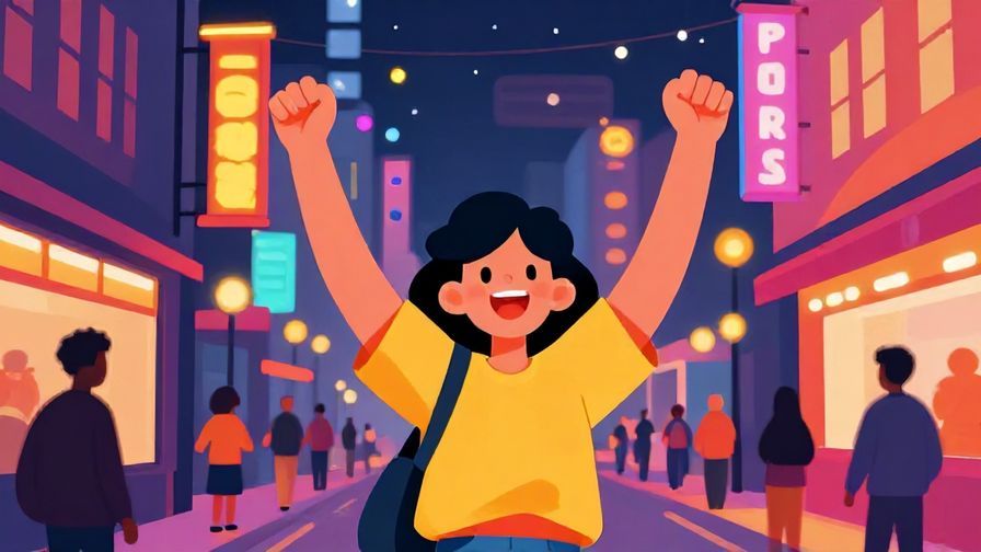 Illustration%20of%20a lively character cheering with raised hands in a vibrant city street at night, colorful lights, vibrant colors, illustrated style