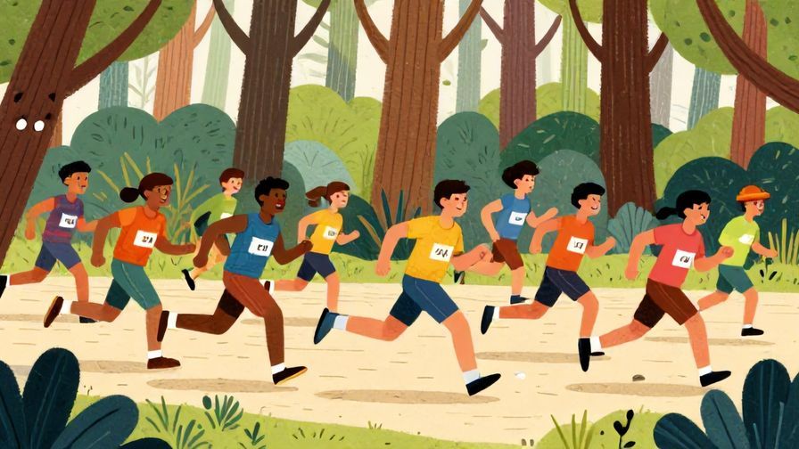 Illustration%20of%20a lively competition scene with diverse characters running a race through a forest, symbolizing survival of the fittest, vibrant colors, dynamic motion lines, illustrated style.