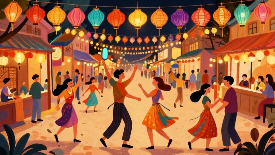 Illustration%20of%20a lively festival scene with people dancing joyfully, colorful lanterns, detailed background, vibrant colors, illustrated style