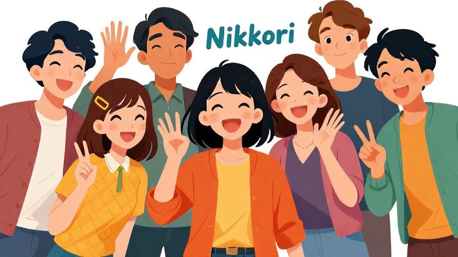 Illustration%20of%20a lively group of friends with one person playfully saying “Nikkori” encouraging smiles, colorful and energetic