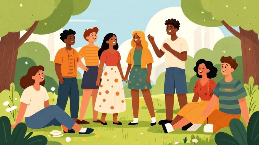 Illustration%20of%20a lively group%20of friends%20laughing%20and%20chatting%20in%20a%20park%2C%20vibrant%20colors%2C%20illustrated%20style