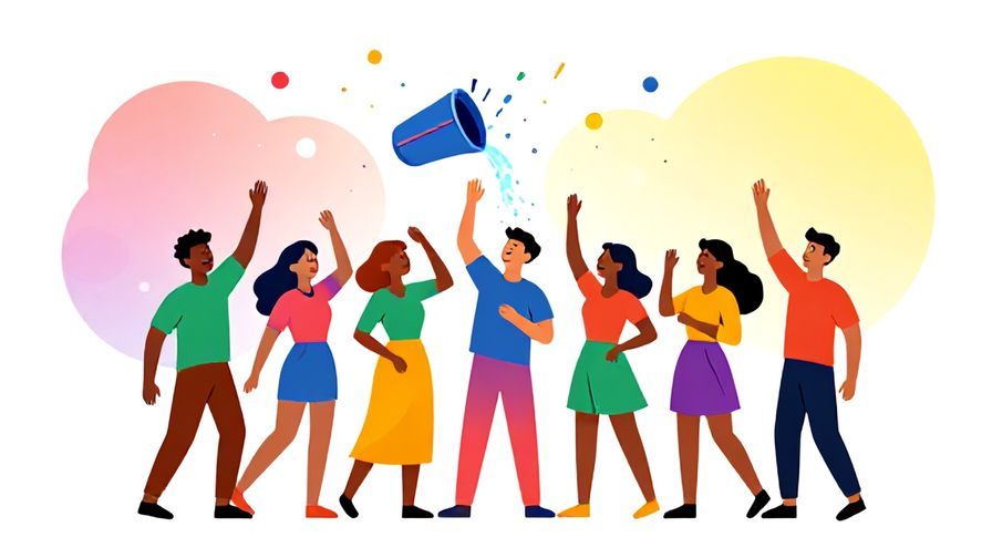 Illustration%20of%20a lively group%20with%20one%20person%20pouring%20water%20over%20a%20party%20symbolized%20by%20bright%20colors%20fading%20around%20them%2C%20vibrant%20colors%2C%20illustrated%20style