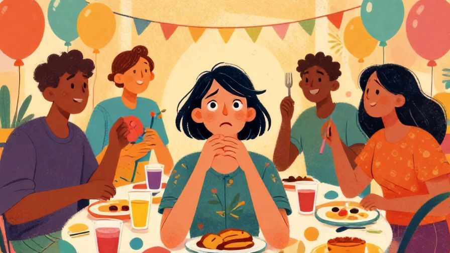 Illustration%20of%20a lively party scene where one person looks upset and others seem less enthusiastic, colorful and animated style