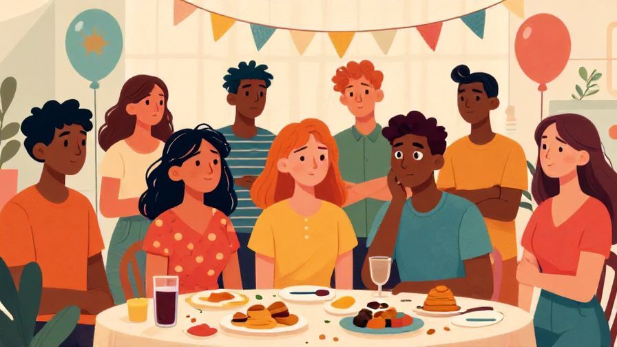 Illustration%20of%20a lively party%20suddenly%20turning%20quiet%20with%20people%20looking%20awkward%20and%20bored%2C%20vibrant%20colors