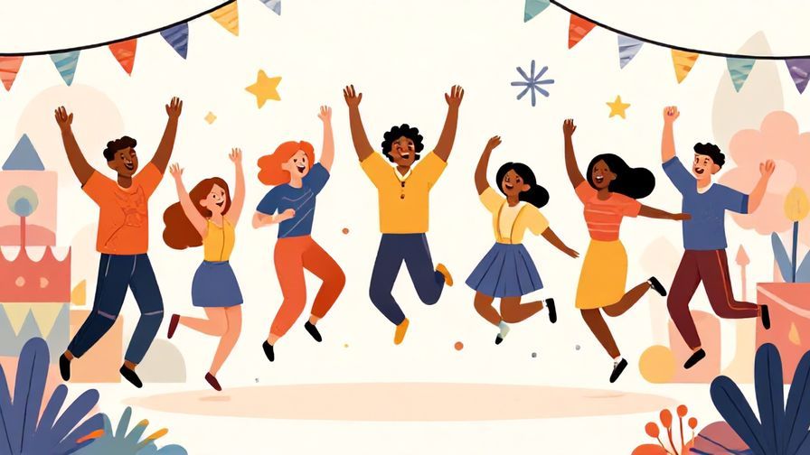 Illustration%20of%20a lively%20group%20jumping%20up%20with%20excitement%20in%20a%20festival%20setting%2C%20vibrant%20colors%2C%20illustrated%20style