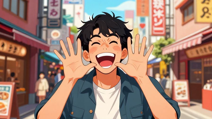 Illustration%20of%20a lively%20person%20making%20a%20funny%20gesture%20with%20hands%20while%20laughing%20in%20a%20colorful%20street%20scene%20in%20Osaka%2C%20detailed%20background%2C%20vibrant%20colors%2C%20illustrated%20style