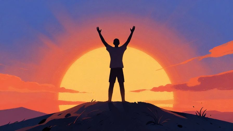Illustration%20of%20a lone figure standing proudly atop a hill, arms raised, with a dramatic sunset behind them, symbolizing total victory, vibrant colors, illustrated style
