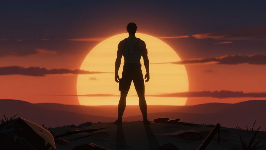 Illustration%20of%20a lone survivor standing strong after a fierce competition, sunset background, dramatic lighting, illustrated style.