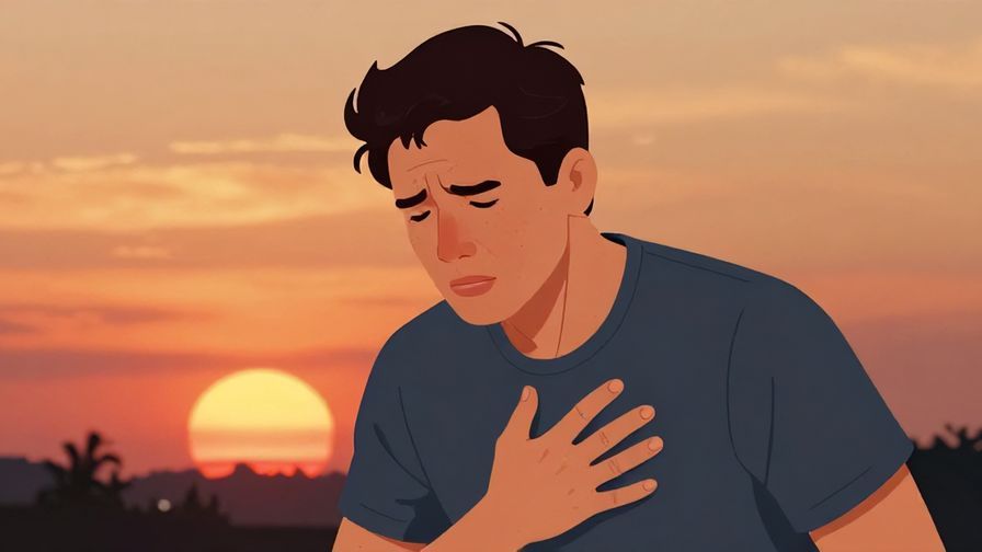 Illustration%20of%20a man clutching his chest with determination, sunset background, emotional intensity, illustrated style
