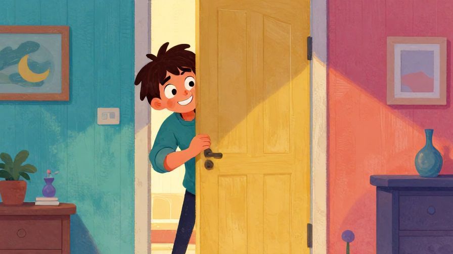 Illustration%20of%20a mischievous person peeking from behind a door with a playful smile, colorful room with shadows, illustrated style