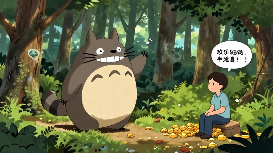 Illustration%20of%20a mischievous tanuki (raccoon dog) sneaking through a forest, with a person daydreaming of wealth, humorous style