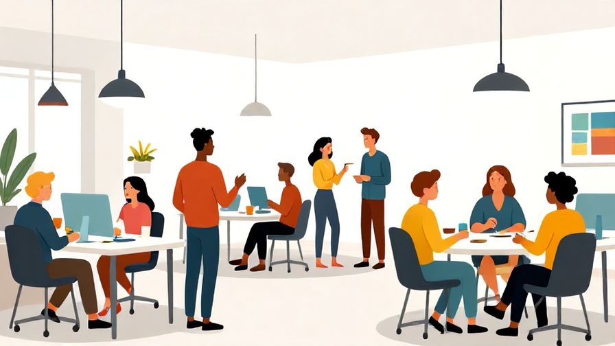 Illustration%20of%20a modern office with young workers enjoying a break, some chatting and others having snacks, colorful and lively, illustrated style