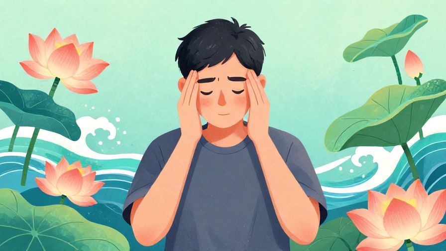 Illustration%20of%20a modest person shaking their head politely, background with lotus flowers and gentle waves, vibrant colors, illustrated style